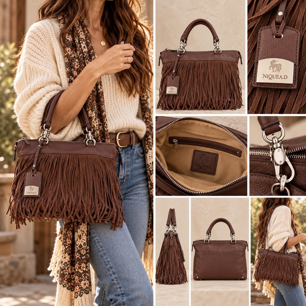 NIQUEA.D Italian Leather Suede Fringe Satchel Bag Western Boho Brown